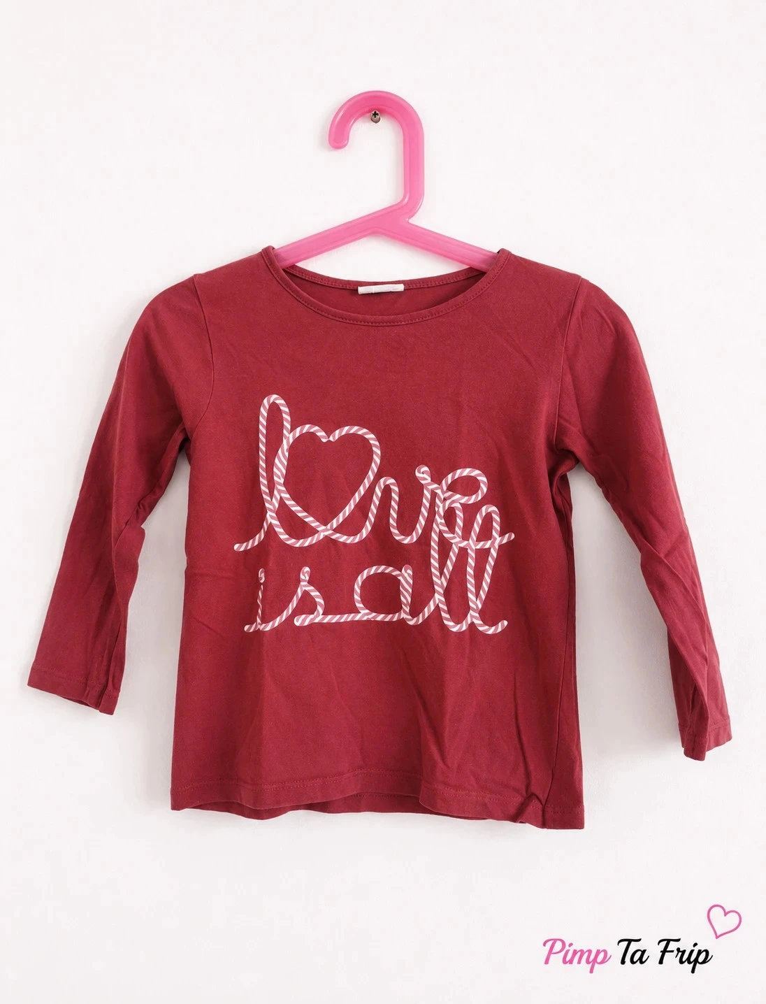 T-shirt manches longues fille Love is all  – 3/4 ans – Rouge brique
